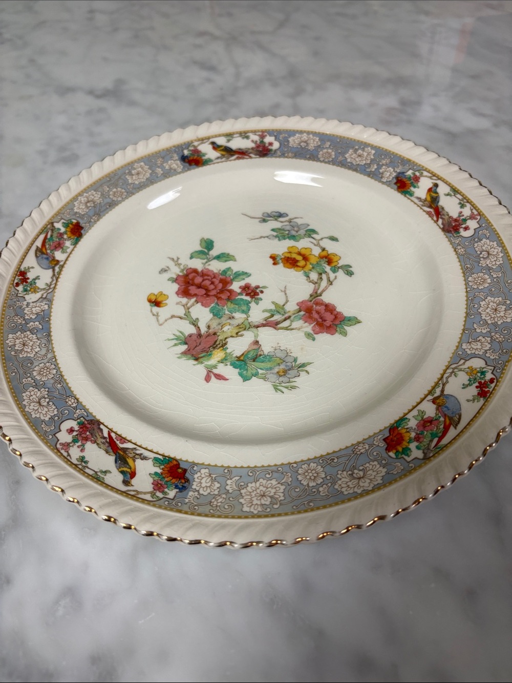 Johnson Brothers Floral Porcelain Dinner Plate with Blue and Gold Border